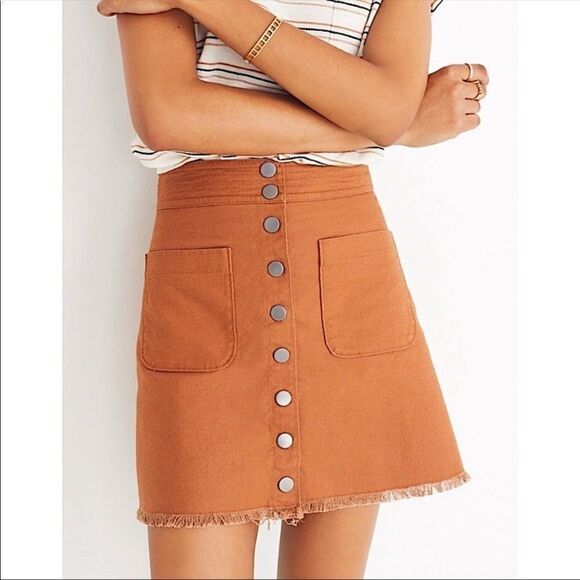 Madewell High Waist Snap Skirt Retro Patch Pockets Raw Hem Rust Brown Size 0 - Picture 1 of 10